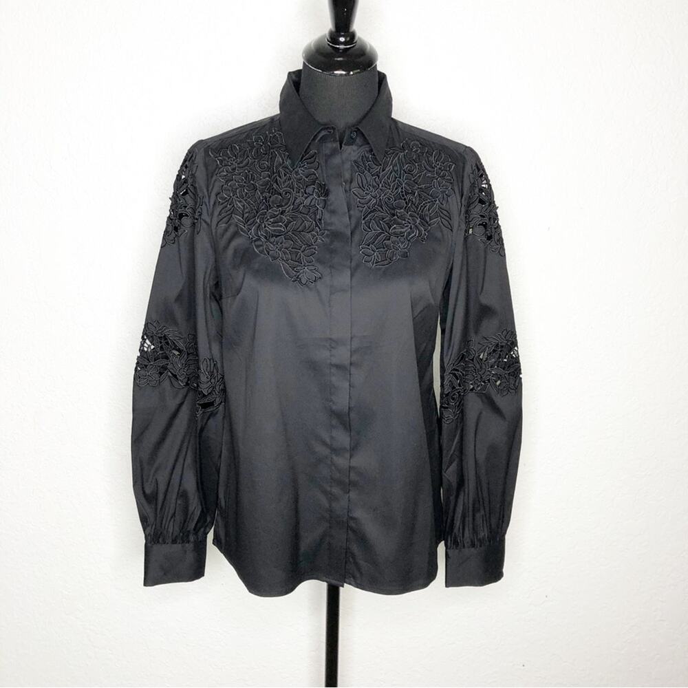 WHBM black floral embroidered lace button down top size 4